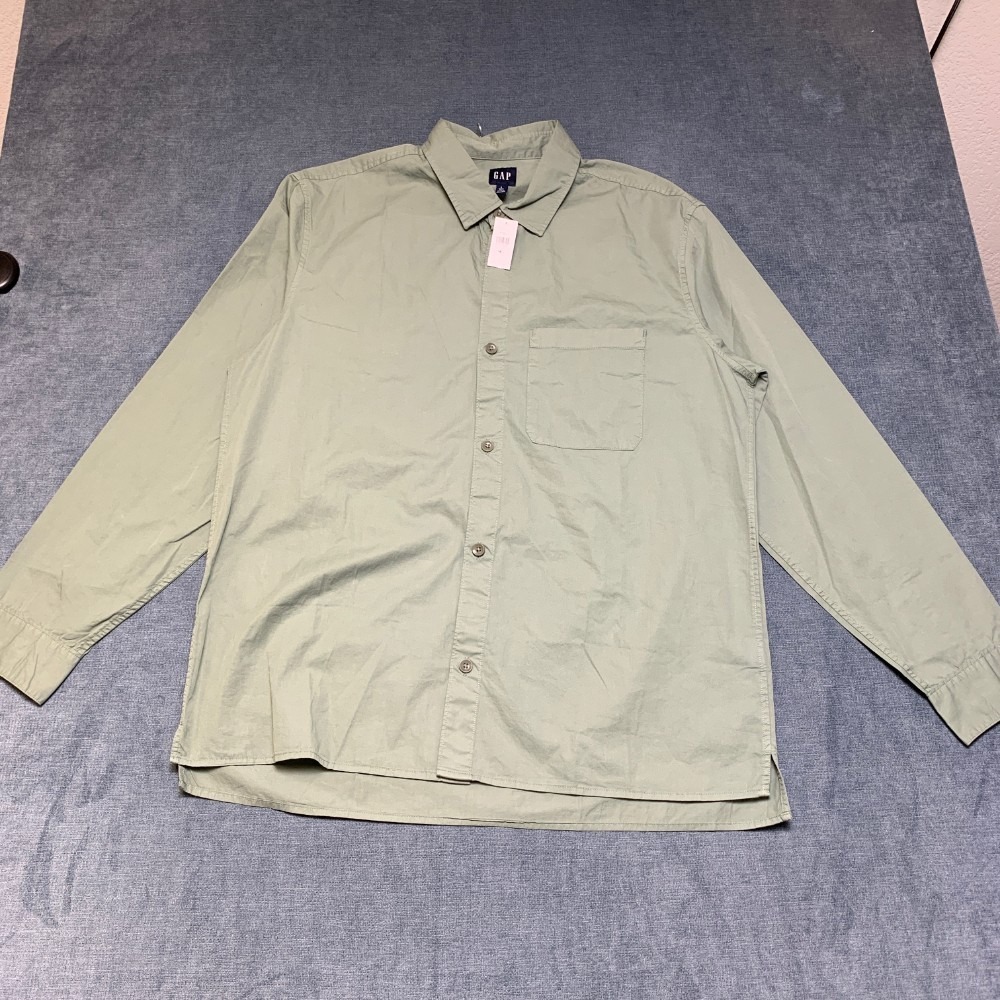Gap Relaxed Fit Shirt Mens Large Tall Olive Green Chest Pockets Side Slit Formal